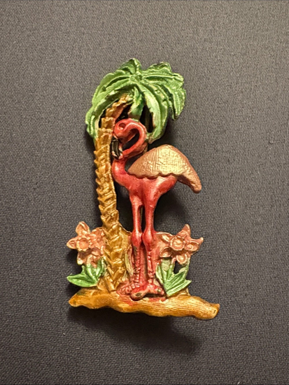 Tropical Flamingo Palm Tree Brooch - Red, Green, Gold Color Buttercup Flowers